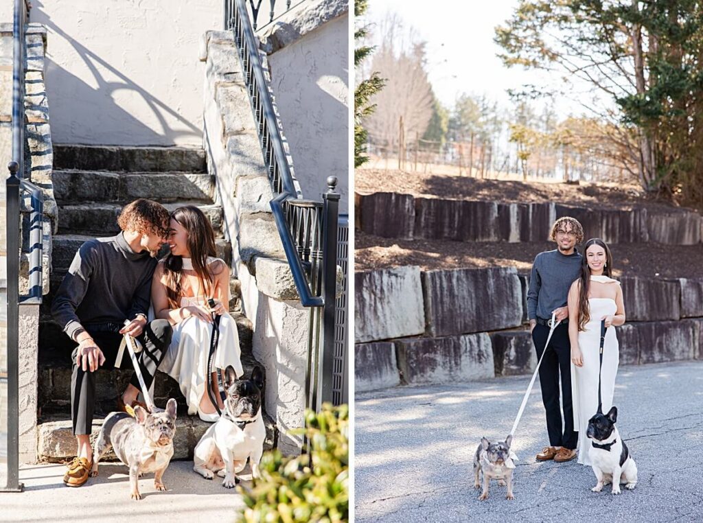 Couple with dogs during engagement session Hotel Domestique